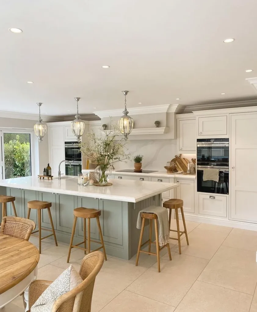 Soft Sage Island in a Bright Neutral Kitchen