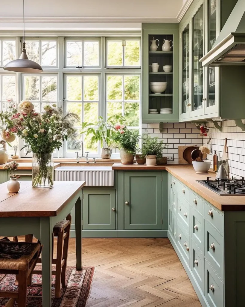Soft Sage Kitchen with Large Window Wall
