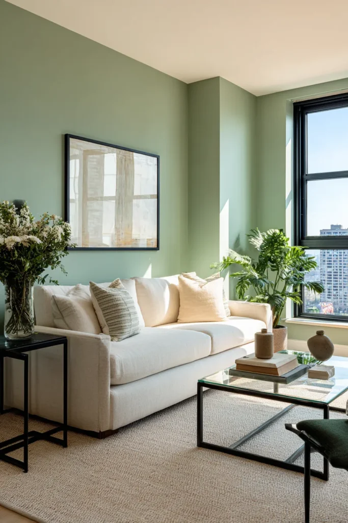 Soft Sage Living Room with Cream Sofa