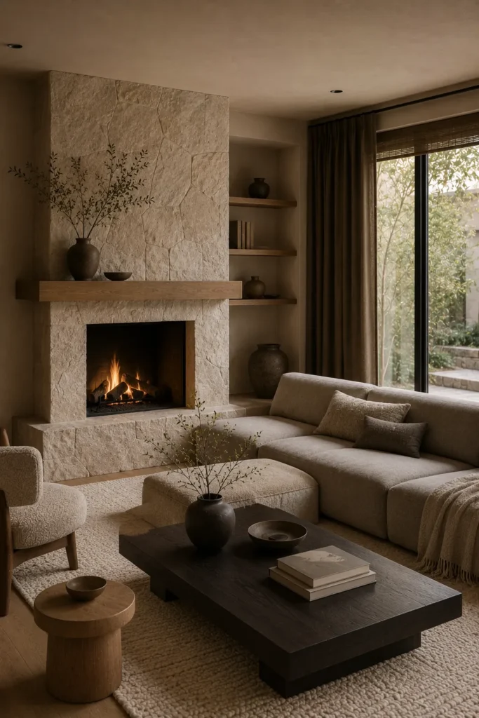 Stone Fireplace Japandi Lounge