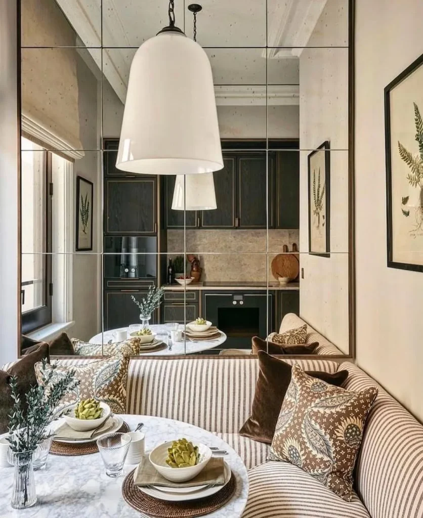 Striped Marble Nook with a Statement Mirror Wall