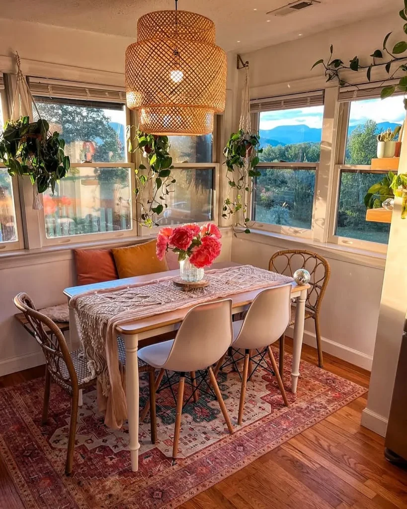 Sunlit Boho Dining Nook With Pink Rug