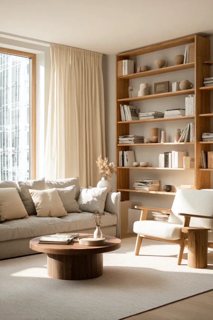 Sunlit Bookcase Japandi Living Room