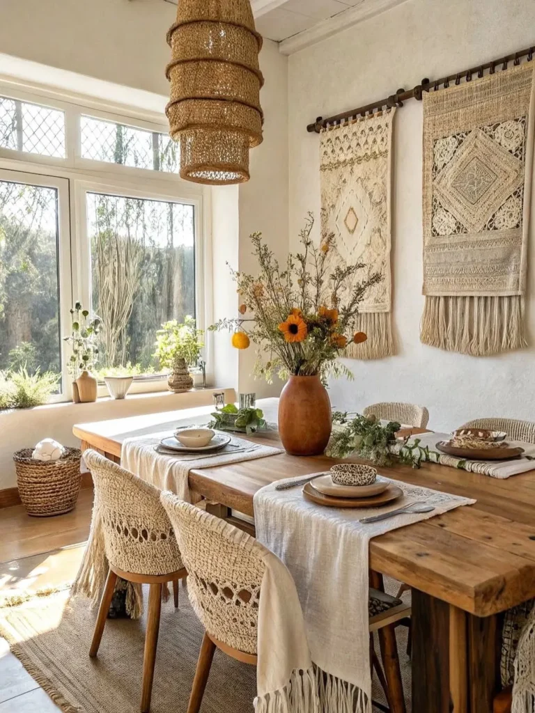 Sunlit Dining Area With Macrame Wall Decor