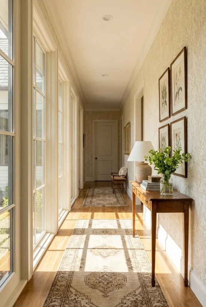 Sunlit Long Hallway with Traditional Decor