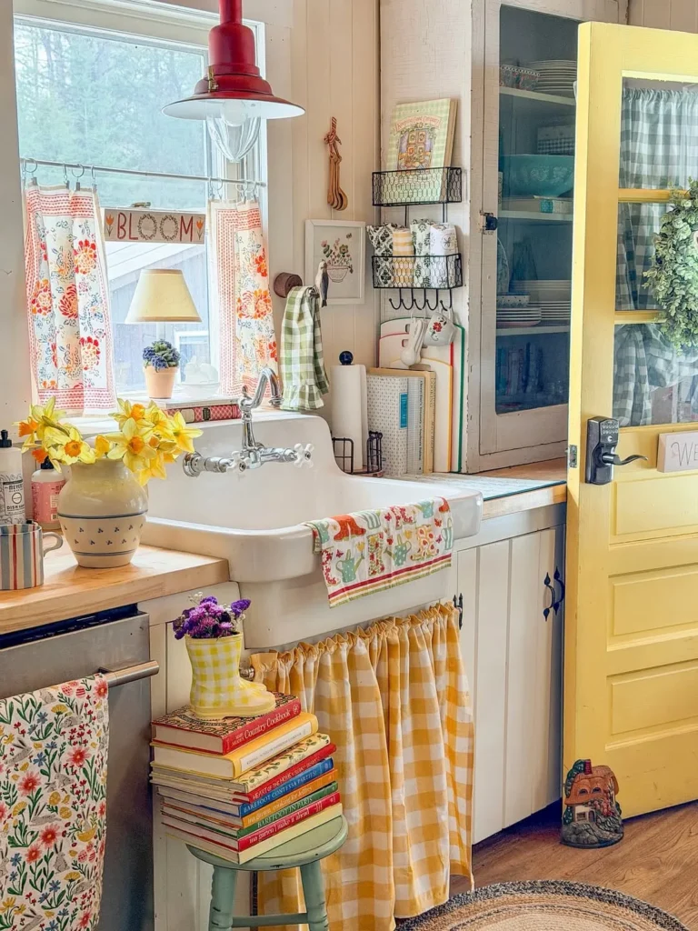 Sunny Cottagecore Kitchen with Gingham Sink Skirt