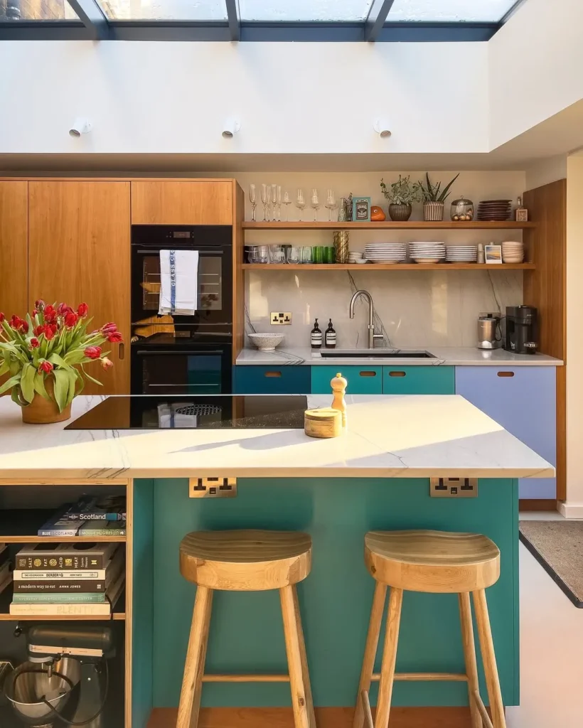 Teal Kitchen Island with Marble Worktop