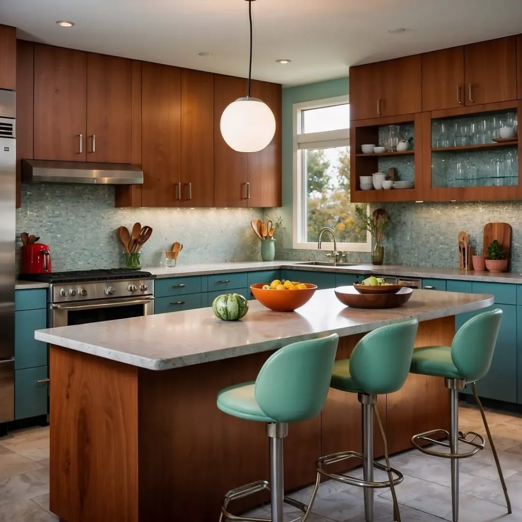 Teal and Walnut Kitchen with Curved Island