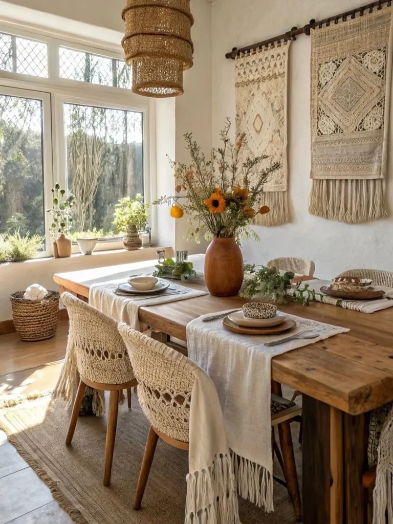 Textured Dining Room With Woven Wall Hangings