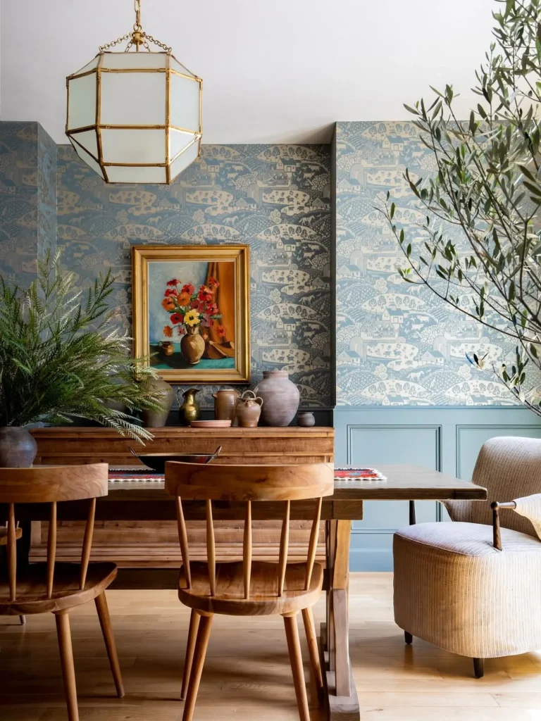 Textured Panel Dining Room Wallpaper With a Luxe Mirror Accent