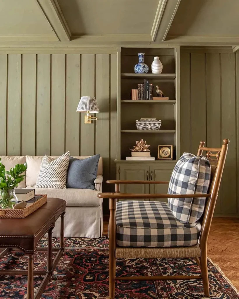 Traditional Olive Sitting Room with Plaid Chair
