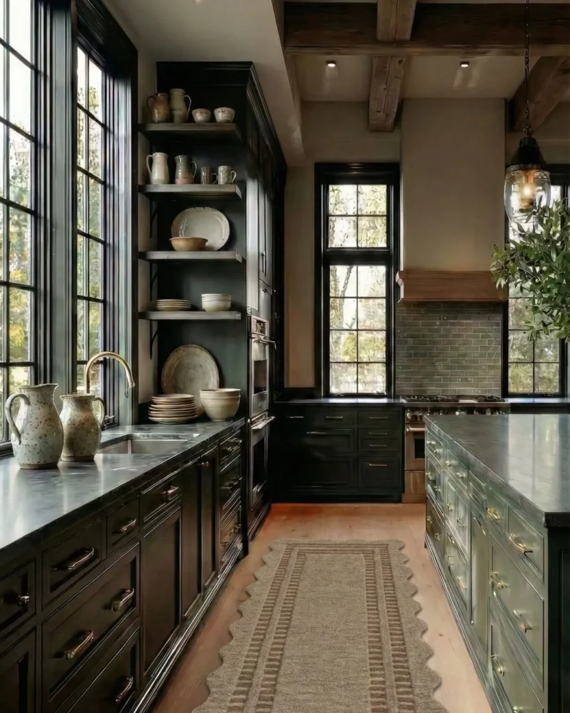 Two Tone Green Kitchen with Black Cabinets