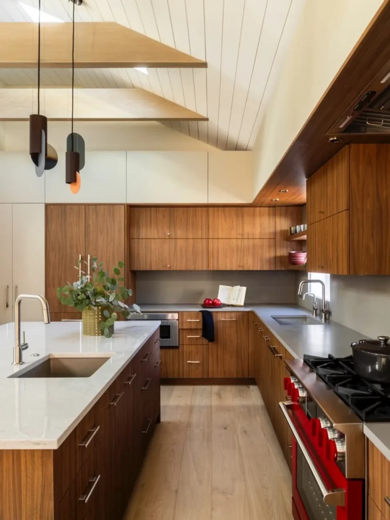 Vaulted Ceiling Mid Century Modern Kitchen with Walnut Cabinets