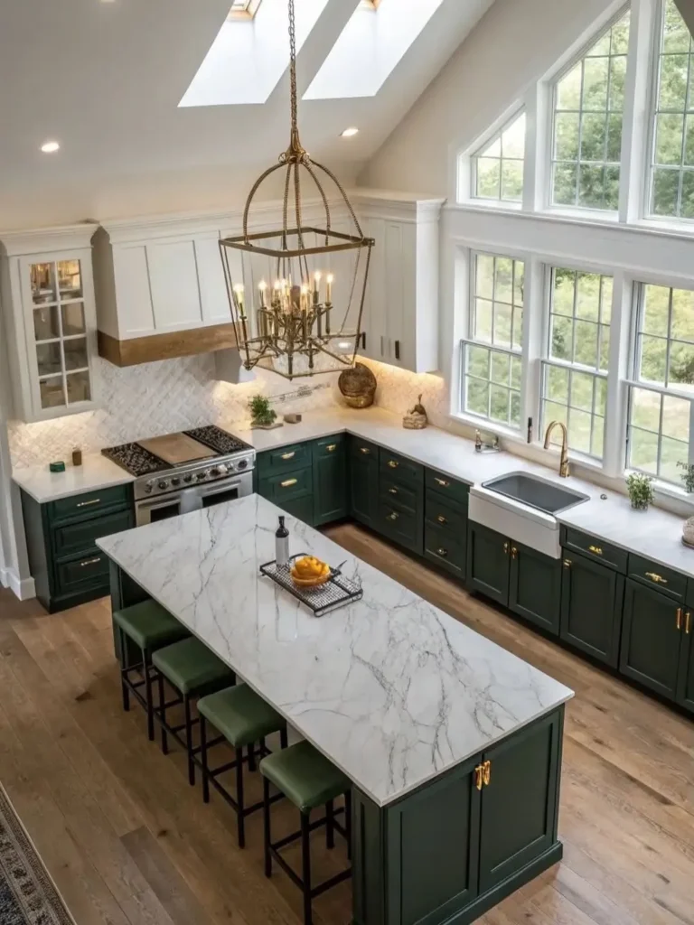 Vaulted Kitchen With Emerald Cabinets