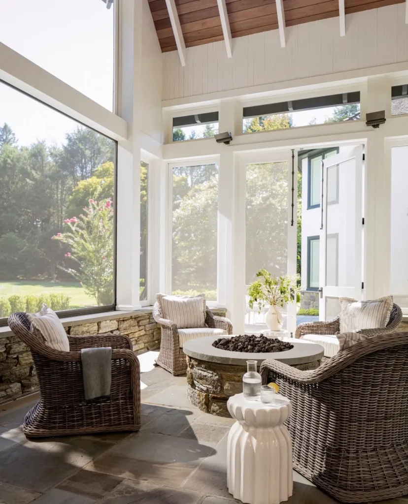 Vaulted Screened Porch with Round Fire Pit Table