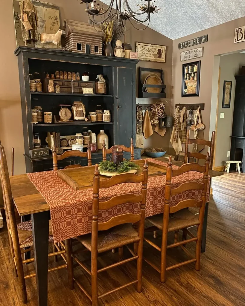 Vintage Country Dining Room with Dark Hutch