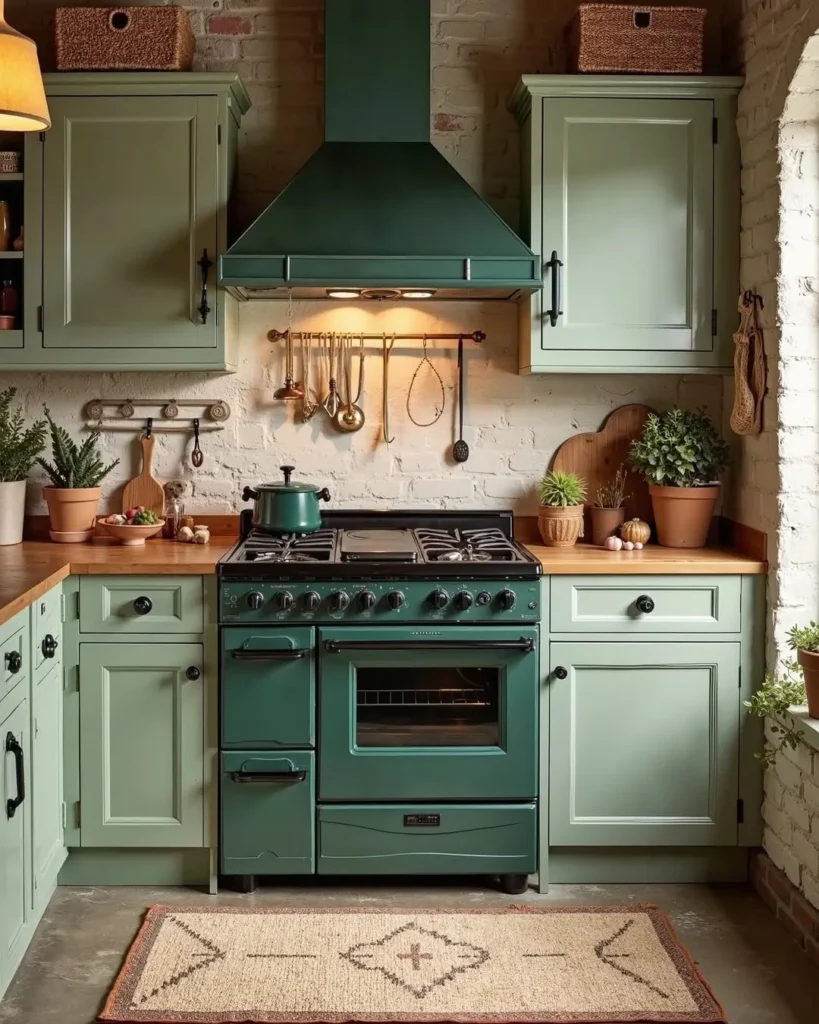 Vintage Green Kitchen with Brick Wall