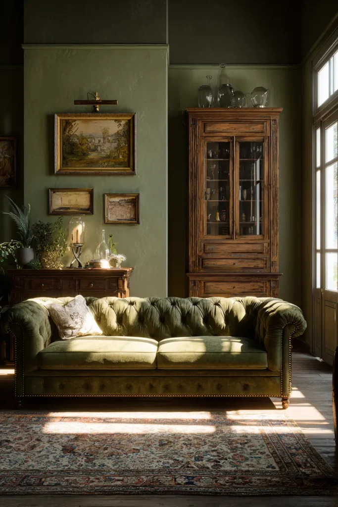 Vintage Olive Living Room with Chesterfield Sofa