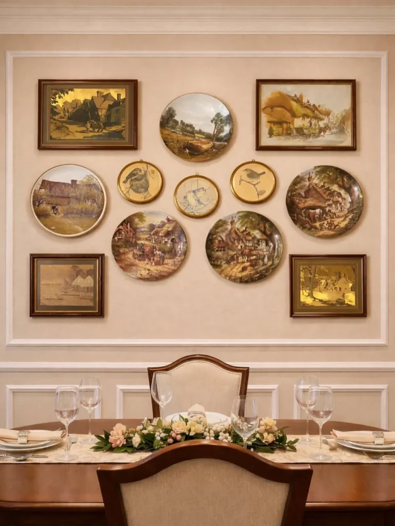 Vintage Plate Gallery Wall in Formal Dining Room