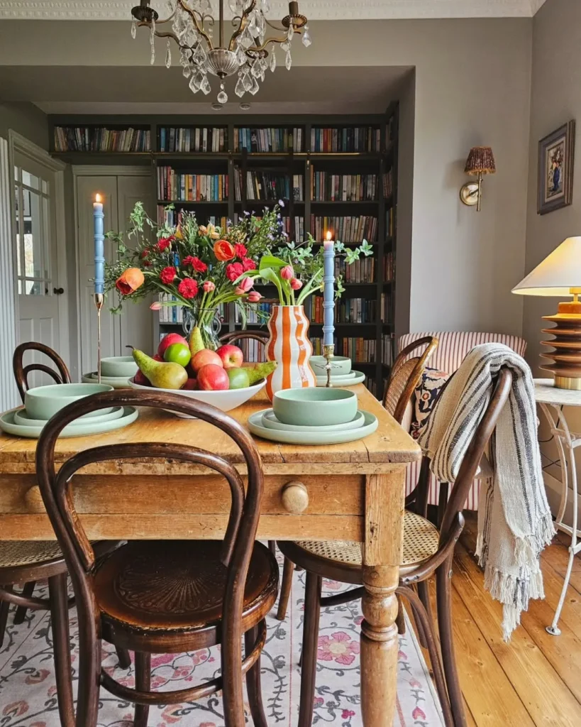 Vintage Wood Dining Room With Bold Floral Styling