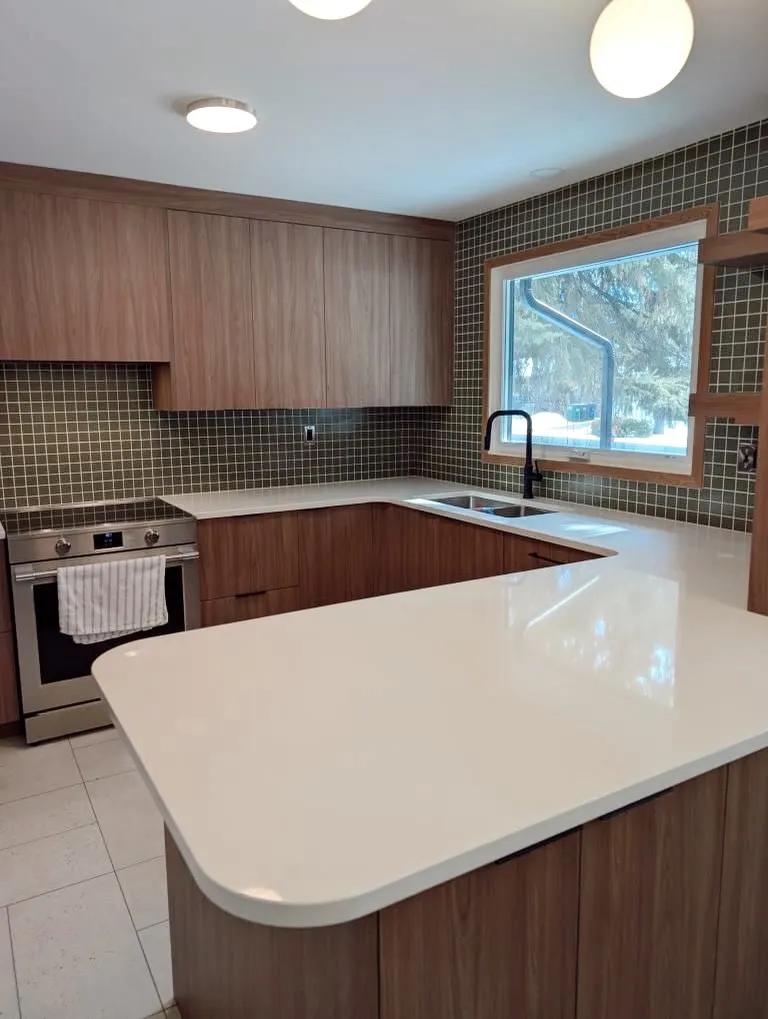 Walnut Corner Kitchen with Oversized White Island