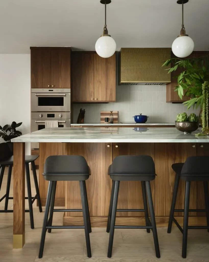 Walnut Island Kitchen with Globe Pendant Lights