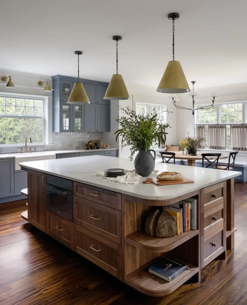 Walnut Kitchen Island with Open Shelf Storage