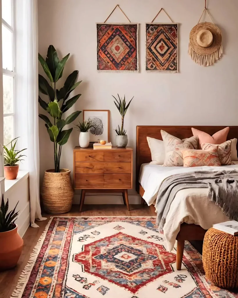 Warm Boho Bedroom With Patterned Rug