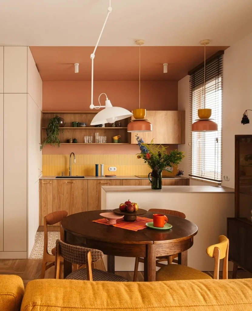 Warm Mid Century Kitchen with Terracotta Ceiling