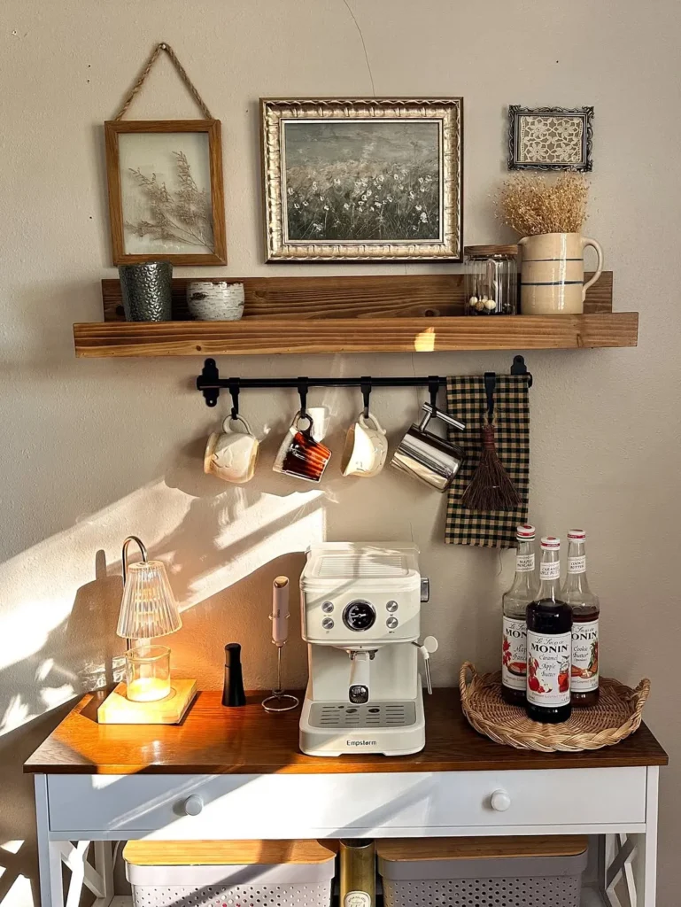 Warm Wood Coffee Station with Mug Rail