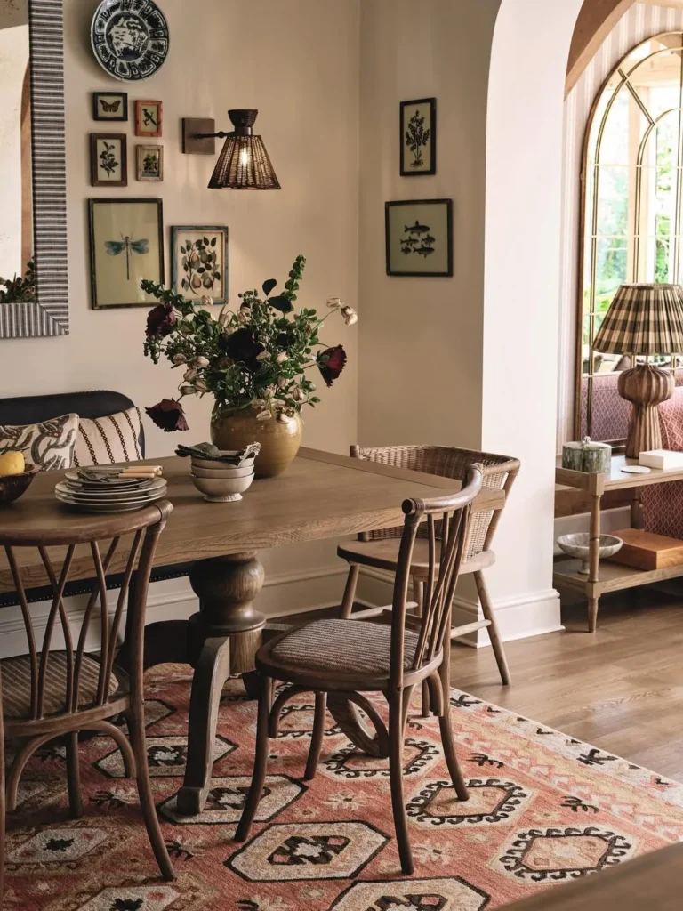 Warm Wood Dining Nook With Framed Wall Art