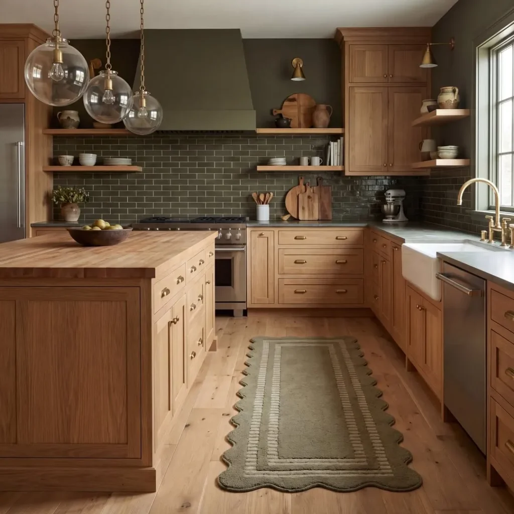 Warm Wood Kitchen with Olive Green Backsplash
