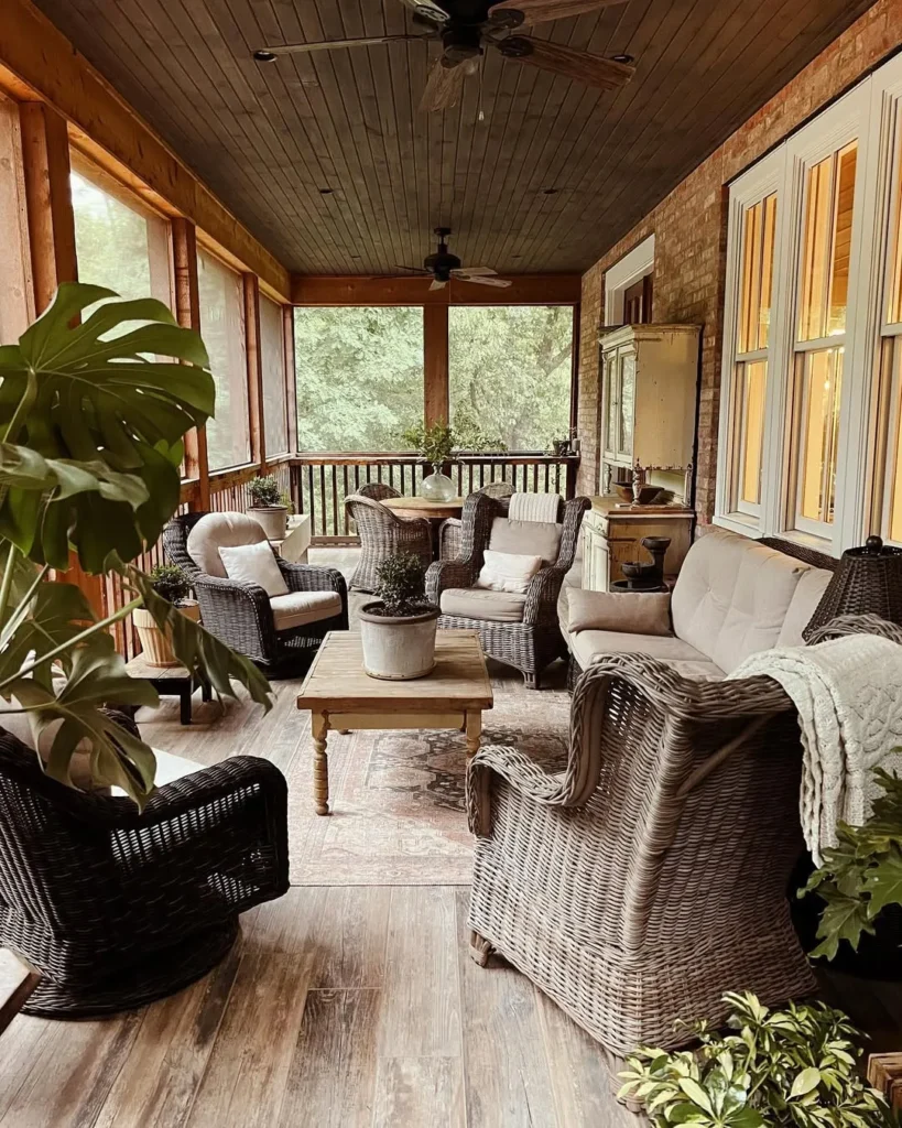 Warm Wood Porch with Wicker Lounge Seating