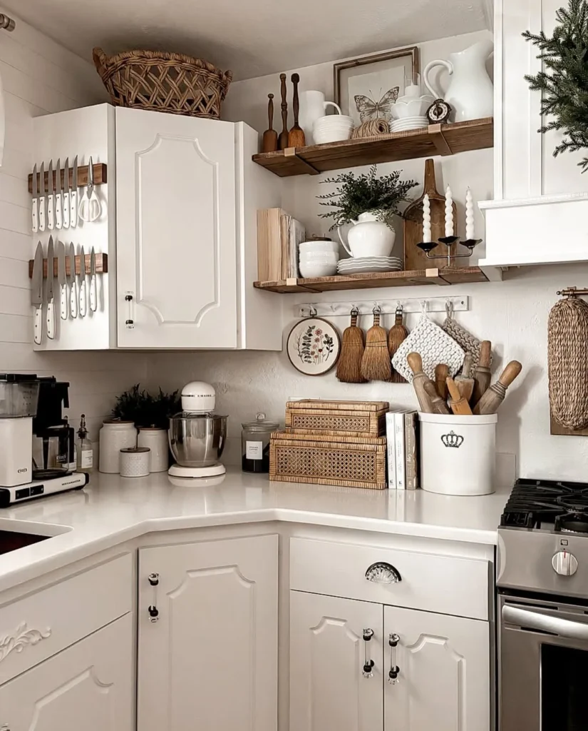 White Cottagecore Kitchen with Rustic Shelves