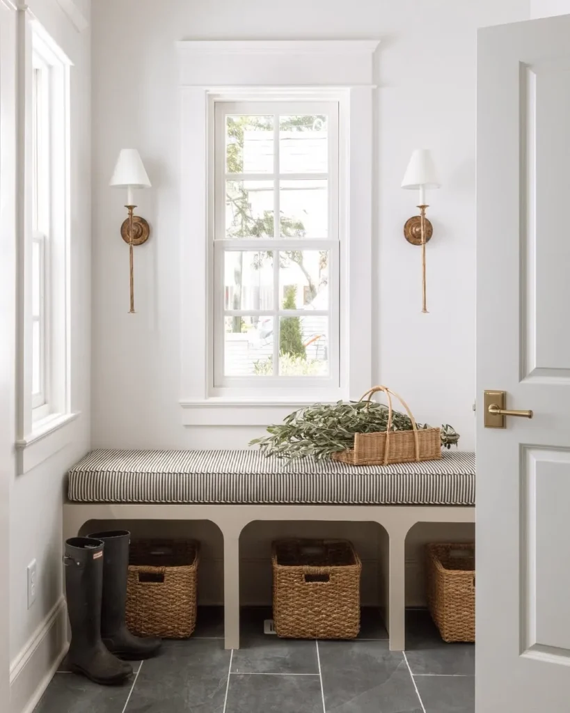 White Window Seat with Basket Storage