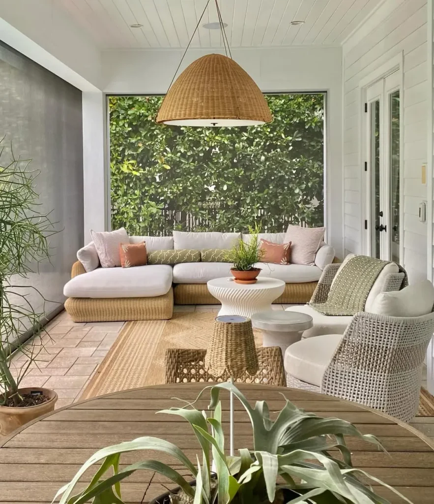 Wicker Lounge Screened Porch with Soft Neutrals
