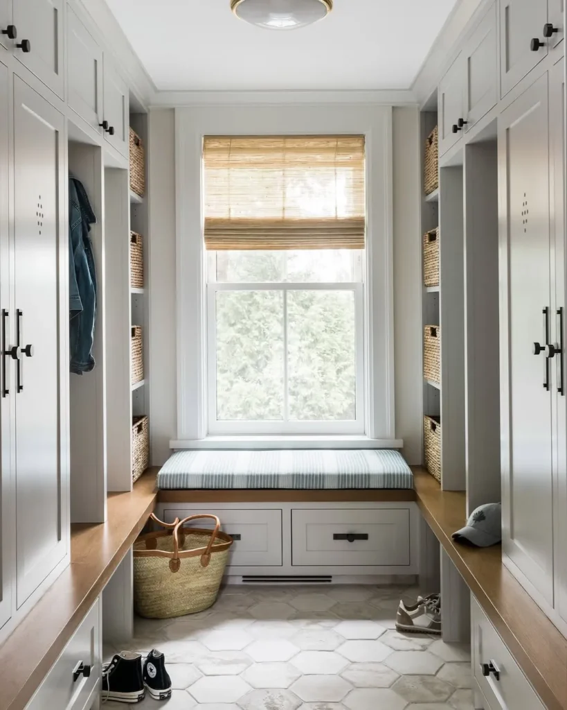 Window Seat Mudroom with Double-Sided Storage