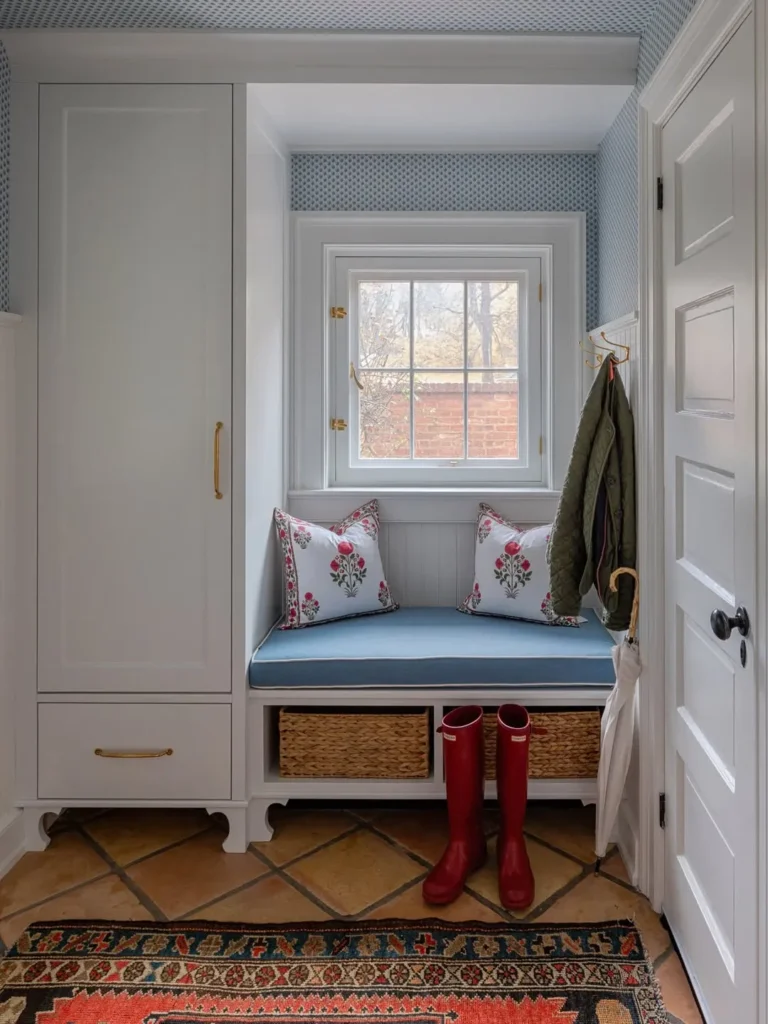 Window Seat Mudroom with Hidden Basket Cubbies