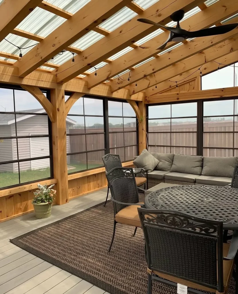 Wood Beam Porch with Dining Table and Sectional