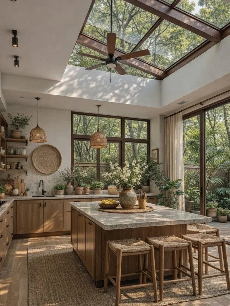 Wood-Tone Solarium Kitchen With Woven Island Stools