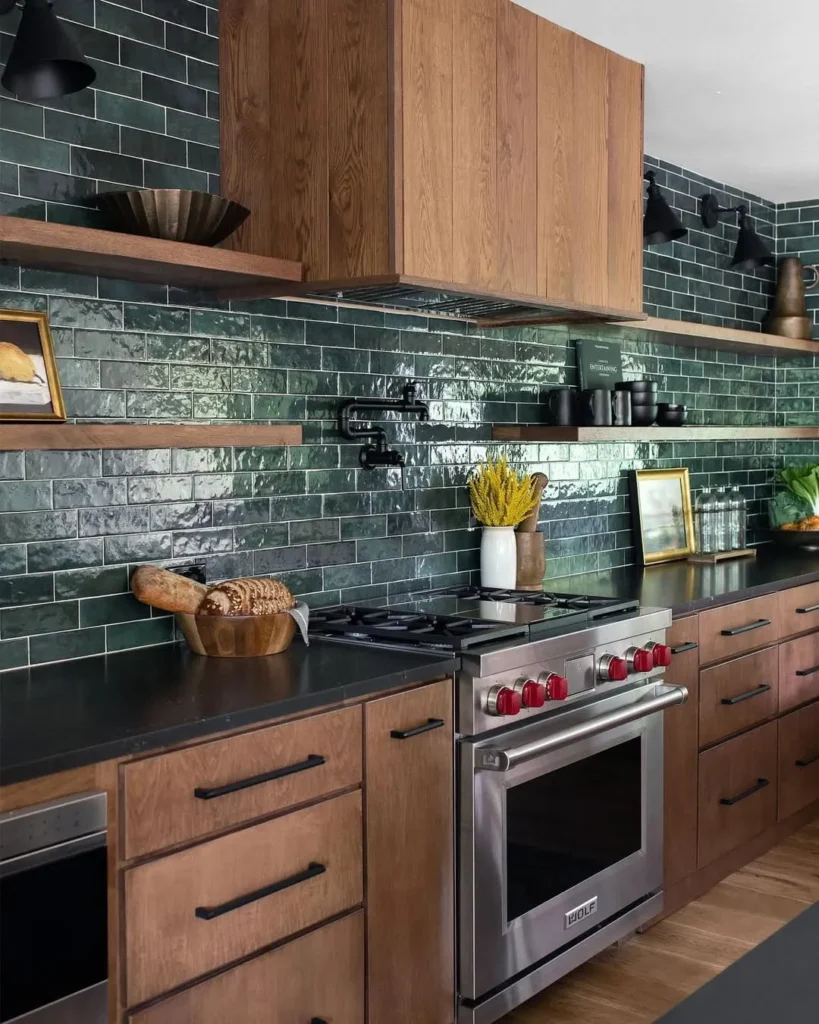 Wood and Green Tile Kitchen Design