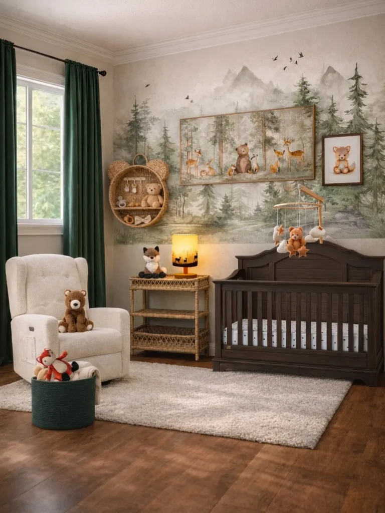 Woodland Baby Boy Nursery with Dark Crib