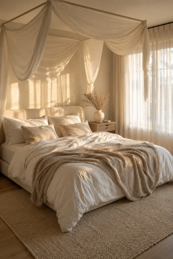 Airy Canopy Bedroom With Soft Linen Layers