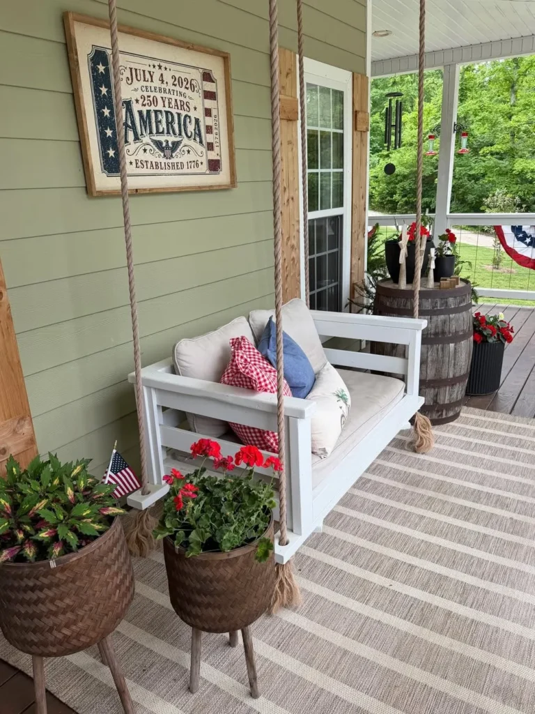Americana Porch Swing Decor With Summer Flowers