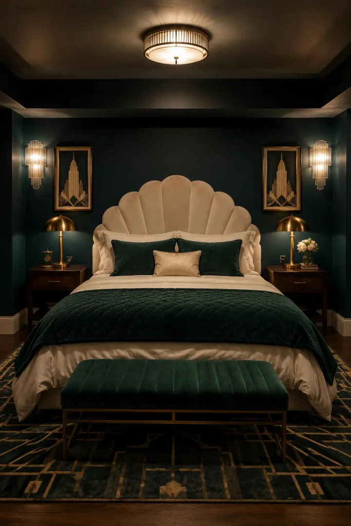 Art Deco Basement Bedroom in Emerald and Gold