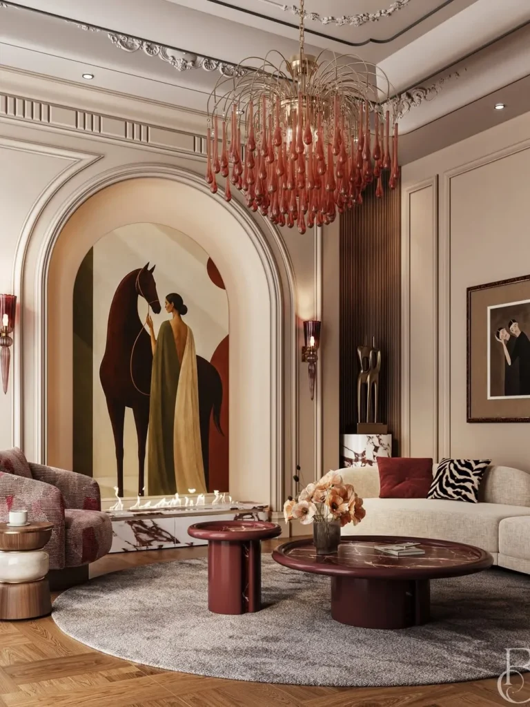 Art Deco Living Room With Burgundy Accents