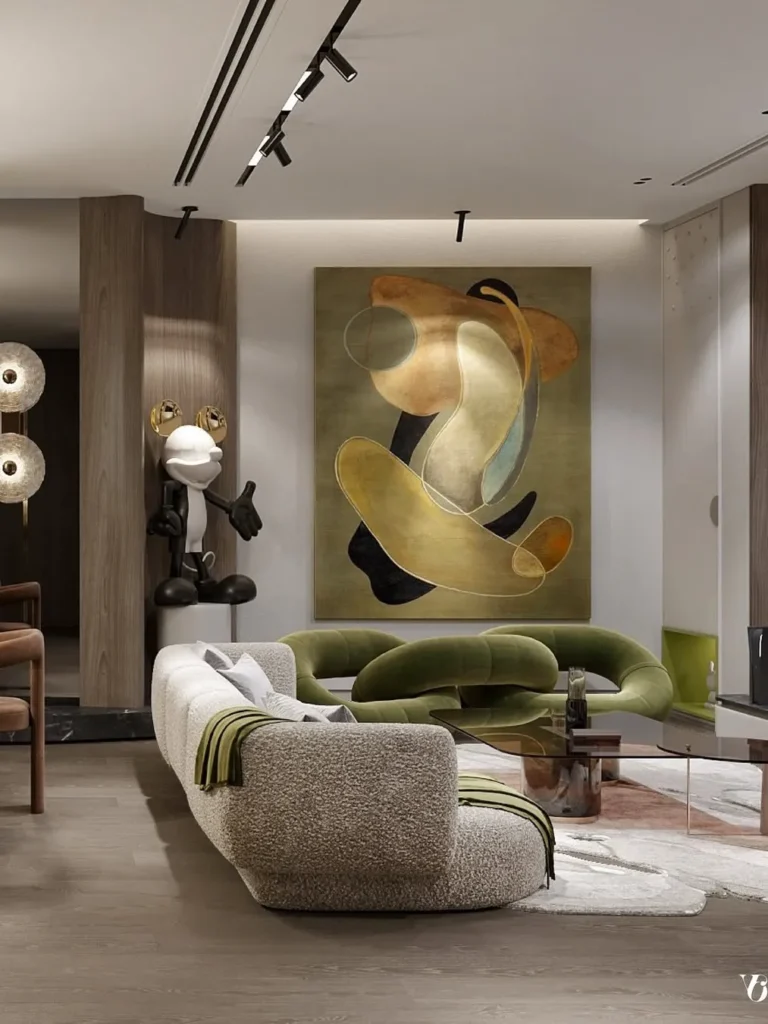 Artistic Living Room With Olive Green Statement Sofa