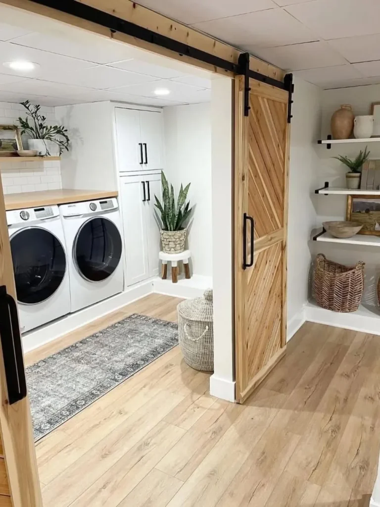 Barn Door Laundry Room With Rustic Farmhouse Storage