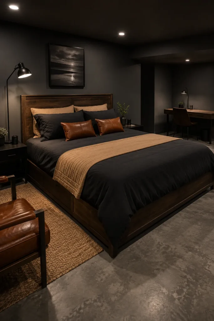 Basement Bedroom With Black Walls and Leather Accents
