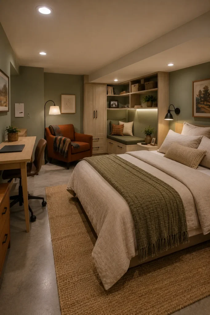 Basement Bedroom With Built-In Reading Nook and Desk